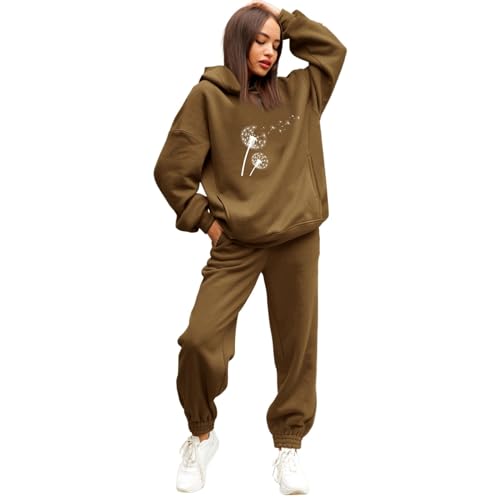 NJGRAE Damen Tracksuit Langarm Rundhalsausschnitt Einfarbig Zweiteiler Outfit Hoodie Jogger Trainingsanzug Set Sweatshirt & Jogginghose Pullover Sweatshirt und Jogginghose Warm Vlies (SH3-Coffee, L) von NJGRAE