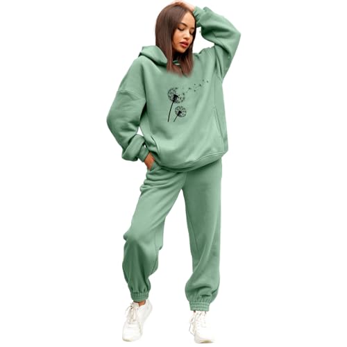 NJGRAE Damen Tracksuit Langarm Rundhalsausschnitt Einfarbig Zweiteiler Outfit Hoodie Jogger Trainingsanzug Set Sweatshirt & Jogginghose Pullover Sweatshirt und Jogginghose Warm Vlies (SH3-Green, L) von NJGRAE