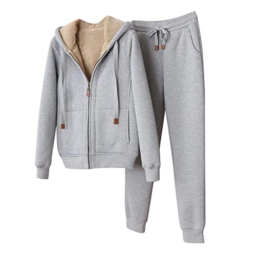 NJGRAE Damen Tracksuit Set Langarm Hoodie Jogger Rundhalsausschnitt Zweiteiliges Outfit Trainingsanzug Damen Winterjacke Kapuzenpullover und Jogginghose Warm VliesJogginganzug (Grey, XXL) von NJGRAE