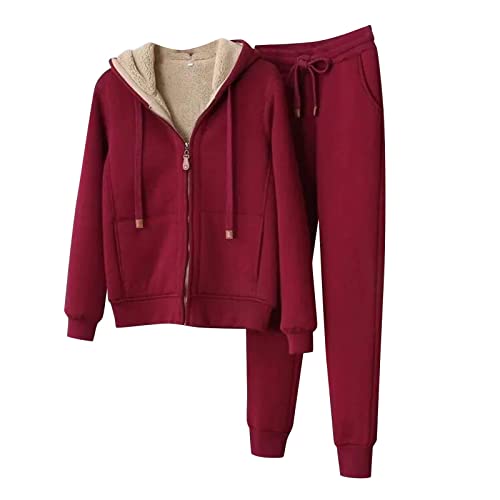 NJGRAE Damen Tracksuit Set Langarm Hoodie Jogger Rundhalsausschnitt Zweiteiliges Outfit Trainingsanzug Damen Winterjacke Kapuzenpullover und Jogginghose Warm VliesJogginganzug (Red, M) von NJGRAE