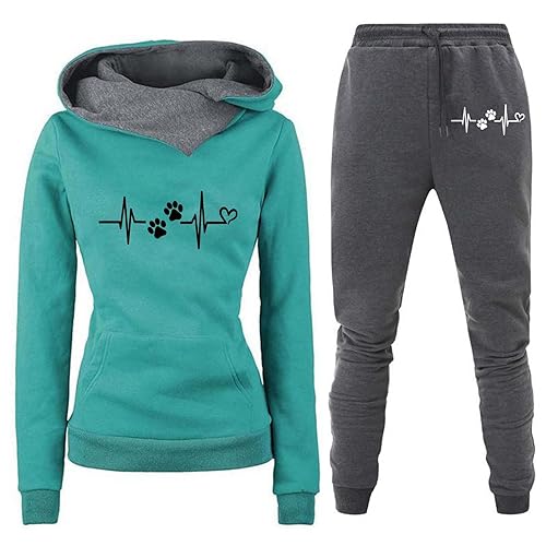 NJGRAE Damen Trainingsanzug Set 2-Teilig Heartbeat Print Hoodie Jogginghose Sweatshirt Hose Zweiteiler Jogginganzüge Damen Kapuzenpullover Sporthose Set (A-Green, M) von NJGRAE