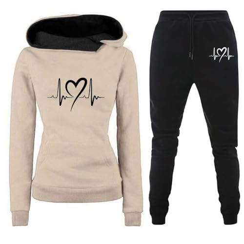 NJGRAE Damen Trainingsanzug Set 2-Teilig Heartbeat Print Hoodie Jogginghose Sweatshirt Hose Zweiteiler Jogginganzüge Damen Kapuzenpullover Sporthose Set (C-Khaki, XL) von NJGRAE