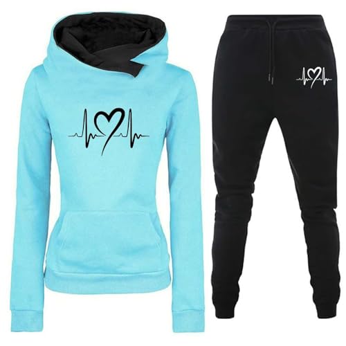 NJGRAE Damen Trainingsanzug Set 2-Teilig Heartbeat Print Hoodie Jogginghose Sweatshirt Hose Zweiteiler Jogginganzüge Damen Kapuzenpullover Sporthose Set (C-Sky Blue, L) von NJGRAE