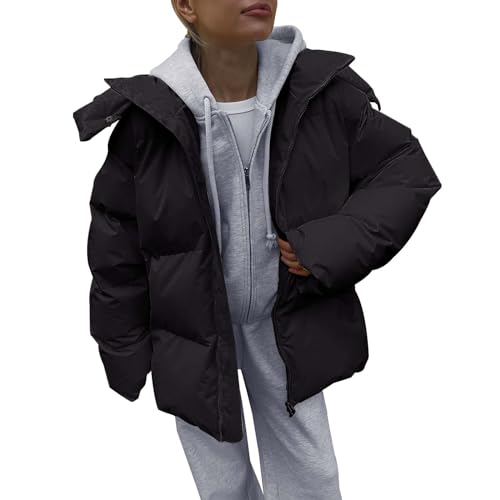 NJGRAE Damen Warme Winterjacke Mantel mit Kapuze Einfarbiger Damen-Baumwollmantel mit abnehmbarer Kapuze, lockere Jacke, Brot-Puff-Mantel für die Herbst-/Wintersaison (Black, M) von NJGRAE