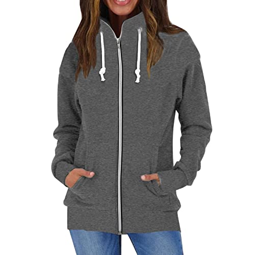 NJGRAE Fleecejacke Damen Winterjacke Fleece Jacket Damen Herbst Winter Langarm Fleece Warm Kapuzenlos Stehkragen Einfarbig Zip Jacke von NJGRAE