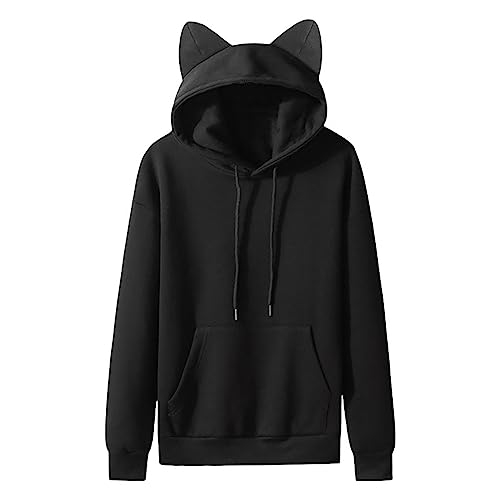 NJGRAE Herren Kapuzenpullover Hoodies Sweatshirts 2023 Herbst/Winter Katze Ohr Fleece Paar Einfarbig Mit Kapuze Damen Hoodie Für Damen (Black, M) von NJGRAE