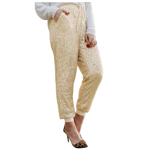 NJGRAE Pailettenhose für Damen Glitzer Pailletten Yoga Hosen vorne mit Pailletten Leggings Funkelnde Hose Glitzer Hosen Silberne Leggings Metallisch Glänzende Hose (Gold #1, XL) von NJGRAE