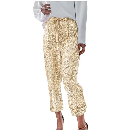 NJGRAE Pailettenhose für Damen Glitzer Pailletten Yoga Hosen vorne mit Pailletten Leggings Funkelnde Hose Glitzer Hosen Silberne Leggings Metallisch Glänzende Hose (Gold #2, L) von NJGRAE