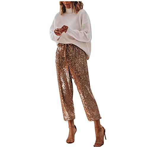 NJGRAE Pailettenhose für Damen Glitzer Pailletten Yoga Hosen vorne mit Pailletten Leggings Funkelnde Hose Glitzer Hosen Silberne Leggings Metallisch Glänzende Hose (ht5-Gold, XL) von NJGRAE