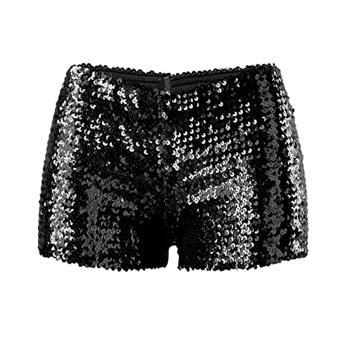 NJGRAE Sommer Kurz Hose Damen Shorts -Perlen-Hotpants mit schmaler Passform und Pailletten in einfarbiger, mittelhoher, sexy Shorts mit geradem Bein (ch3-Black, S) von NJGRAE