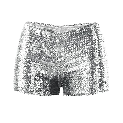 NJGRAE Sommer Kurz Hose Damen Shorts -Perlen-Hotpants mit schmaler Passform und Pailletten in einfarbiger, mittelhoher, sexy Shorts mit geradem Bein (ch3-Silver, S) von NJGRAE