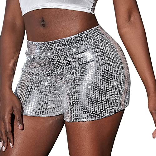 NJGRAE Sommer Kurz Hose Damen Shorts -Perlen-Hotpants mit schmaler Passform und Pailletten in einfarbiger, mittelhoher, sexy Shorts mit geradem Bein (va3-Silver, XL) von NJGRAE