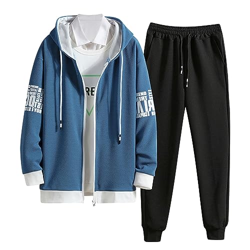 NJGRAE Trainingsanzug Jogginganzug Herren Sportanzug 2 Piece Hoodie Sporthose Sportanzug Baumwolle Anzug Tracksuit Atmungsaktiv und Komfortabel Kapuzenpullover Set (Blue-d, L) von NJGRAE