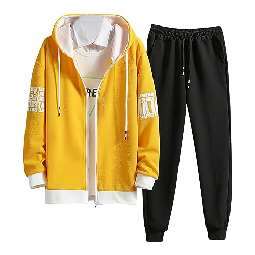 NJGRAE Trainingsanzug Jogginganzug Herren Sportanzug 2 Piece Hoodie Sporthose Sportanzug Baumwolle Anzug Tracksuit Atmungsaktiv und Komfortabel Kapuzenpullover Set (Yellow-d, XL) von NJGRAE