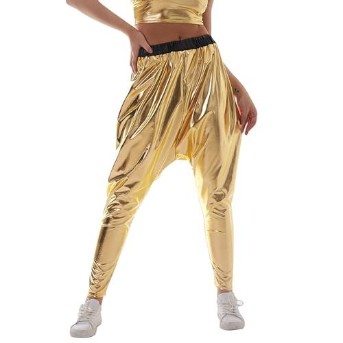 Pailettenhose Damen Metallic Pailletten Glitzer Glitzer Lose Harlan Fat Baggy Hosen Glänzend Jogger Casual Holographische Farbe Streetwear Hosen Hip Hop Mode Glatte Elastische Shiny Hosen (Gold, M) von NJGRAE