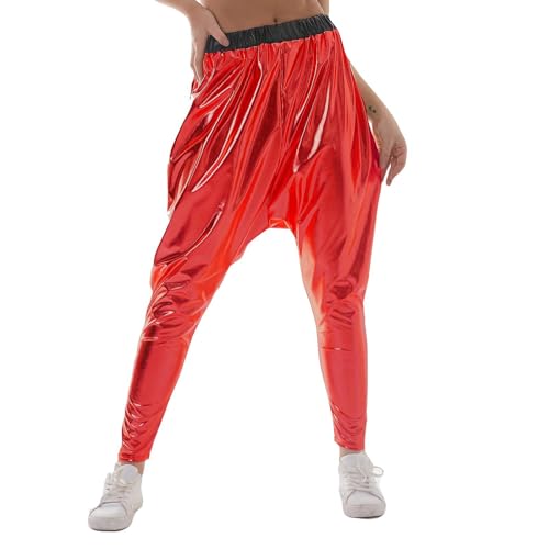 Pailettenhose Damen Metallic Pailletten Glitzer Glitzer Lose Harlan Fat Baggy Hosen Glänzend Jogger Casual Holographische Farbe Streetwear Hosen Hip Hop Mode Glatte Elastische Shiny Hosen (Red, XXL) von NJGRAE