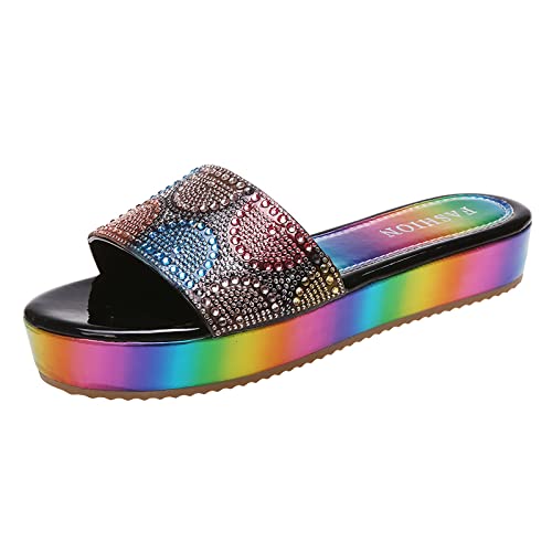 Slipper Damen Sommer Pantoletten Badelatschen Frauen Sommer Flache Unterseite Strass Regenbogen Strandschuhe Dicke Untere Hausschuhe Damen Schuhe Slipper von NJGRAE