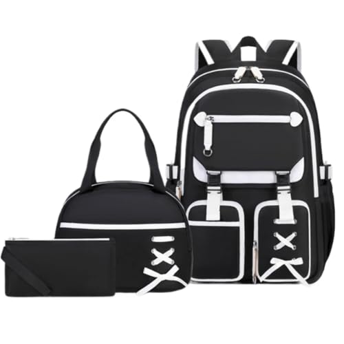 NJIEzhao 3 stücke Grundschule Student Rucksack Set Mittagessen Tasche Kinder Bleistift Mittleren Hohe Schule Schultaschen Set(Black) von NJIEzhao