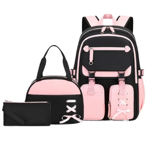 NJIEzhao 3 stücke Grundschule Student Rucksack Set Mittagessen Tasche Kinder Bleistift Mittleren Hohe Schule Schultaschen Set(Pink) von NJIEzhao