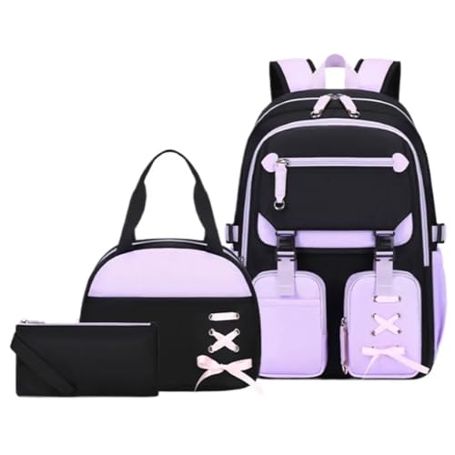 NJIEzhao 3 stücke Grundschule Student Rucksack Set Mittagessen Tasche Kinder Bleistift Mittleren Hohe Schule Schultaschen Set(Purple) von NJIEzhao