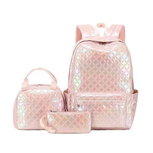 NJIEzhao 3-teiliges Set Schultaschen for Mädchen Schulrucksack Kinder Wasserdichter Rucksack Schultaschen Set(Gold pink Grid) von NJIEzhao