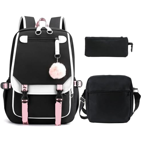 NJIEzhao Modischer Studentenrucksack, einzelne Schultertasche, Stiftetui, dreiteiliges Set, multifunktional Schultaschen Set(352-BK-custom Images) von NJIEzhao