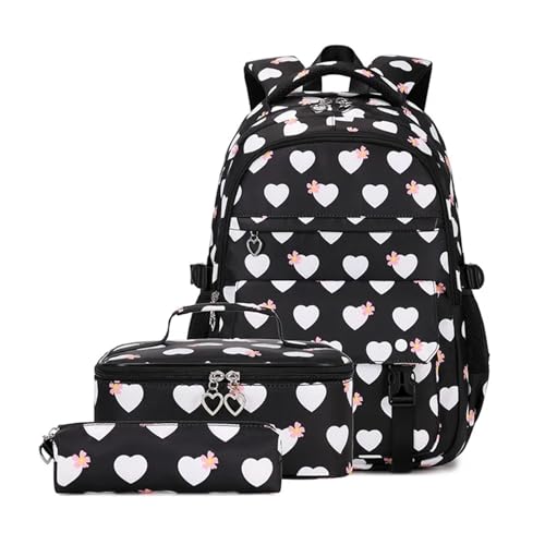 NJIEzhao Rucksack for Mädchen mit süßem Herz-Print, Schulranzen-Set for Kinder, Grundschule Schultaschen Set(Black) von NJIEzhao