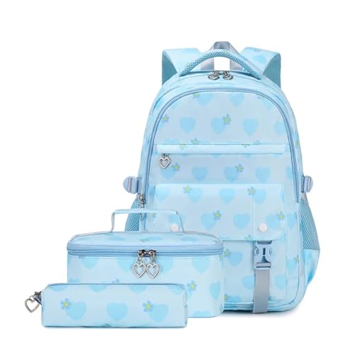 NJIEzhao Rucksack for Mädchen mit süßem Herz-Print, Schulranzen-Set for Kinder, Grundschule Schultaschen Set(Blue) von NJIEzhao