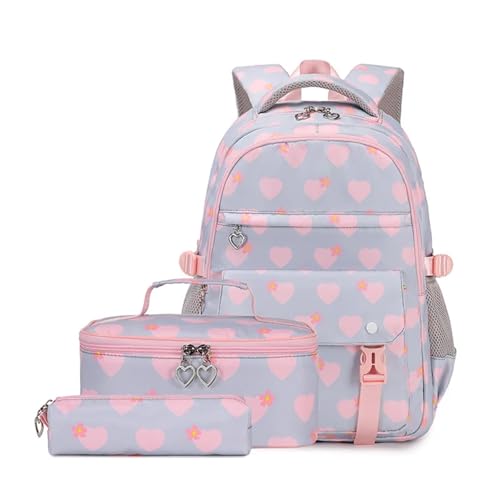 NJIEzhao Rucksack for Mädchen mit süßem Herz-Print, Schulranzen-Set for Kinder, Grundschule Schultaschen Set(Grey) von NJIEzhao