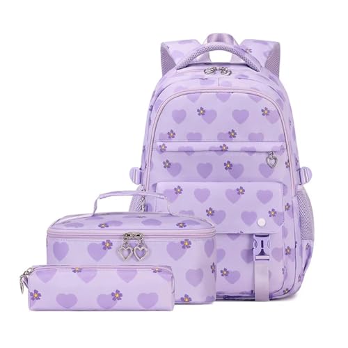 NJIEzhao Rucksack for Mädchen mit süßem Herz-Print, Schulranzen-Set for Kinder, Grundschule Schultaschen Set(Purple) von NJIEzhao