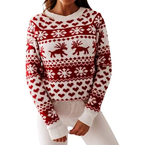 NJYBF Weihnachten Damen Pullover, Herbst Winter Frauen Langarm Pullover, Teenager Mädchen Weihnachtspulli Rentier und Schnee Rundhals Kuscheliger Strickpullover Casual Warm Strickpulli (Weiß, S) von NJYBF