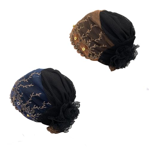 Turban-Kappe mit Blumenstickerei, für Damen, muslimische Damen, Wickelkopf, Haube, afrikanische Frauen, Headwrap Hijab, Volumizer-Kappe, 2 Stück, 1 x Marineblau und 1 x Kaffee, Einheitsgröße-M Turban-Kappe mit Blumenstickerei, für Damen, muslimische Damen, Wickelkopf, Haube, afrikanische Frauen, Headwrap Hijab, Volumizer-Kappe, 2 Stück, 1 x Marineblau und 1 x Kaffee, Einheitsgröße-M von NJYFG