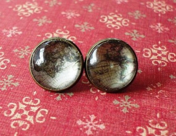 Alte Weltkarte Cabochon Ohrstecker, Antik Stil, Ohrring Post, Geschenkidee von NJsDreamBoxes
