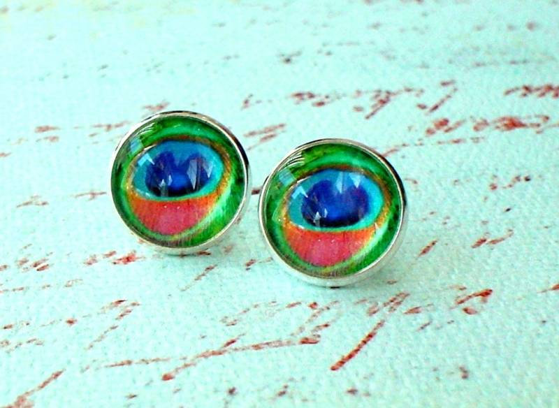 Pfauenauge Feder Grün Koralle Rot Multi Color Ohrstecker, Fancy Eaarings, Geschenk Für Sie von NJsDreamBoxes