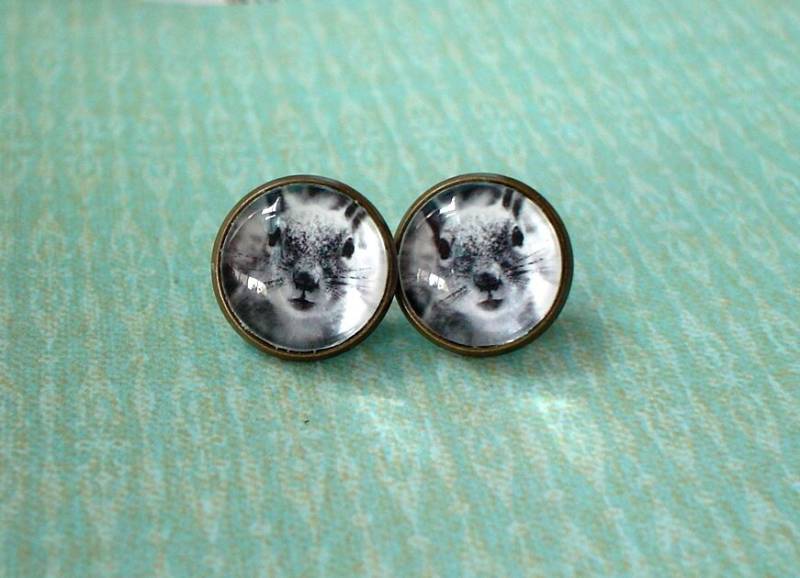 Schwarz Weiß Eichhörnchen Gesicht Tier Cabochon Ohrstecker, Ohrring Post, Süße Geschenkidee Schwarz Weiß Eichhörnchen Gesicht Tier Cabochon Ohrstecker, Ohrring Post, Süße Geschenkidee von NJsDreamBoxes