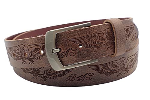 NK Belt GmbH Handgemachter Herren Ledergürtel aus Büffelleder braun, Made in Germany, Anzug Jeans Gürtel, Adler Prägung 38mm #P-09 (85cm Gesamtlänge 100cm) von NK Belt GmbH
