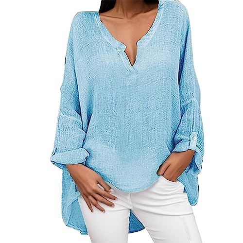 NKPUYT Leinenbluse Damen Sommer Langarm Blusenshirt V-Ausschnitt Leinen Tunika Einfarbig Tshirt Große Größen Langarmshirt Casual Locker T-Shirt Hemdbluse Oberteile Longbluse Oversize Bluse von NKPUYT