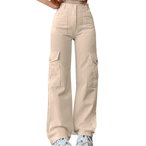 NKPUYT Y2K Cargohose für Damen High Waist Jogginghose mit weitem Bein und Taschen Freizeithose Straight Wide Leg Hosen Hip Hop Cargo Pants Baggy Cargo Hosen Einfarbig Sporthose Streetwear von NKPUYT