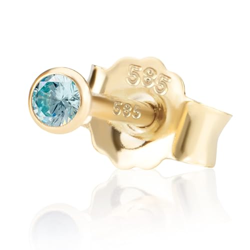 NKlaus Einzel 2,0mm 585 Gelb Gold 14 Karat Ohrstecker Kristall Zirkonia Aquamarin Butterfly Verschluss Damen Mädchen 10989 von NKlaus