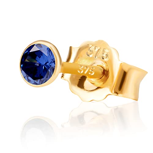 NKlaus Einzel 3,0mm 375 Gelb Gold 9 Karat Ohrstecker Kristall Zirkonia Blau Butterfly Verschluss Damen Mädchen 13093 von NKlaus