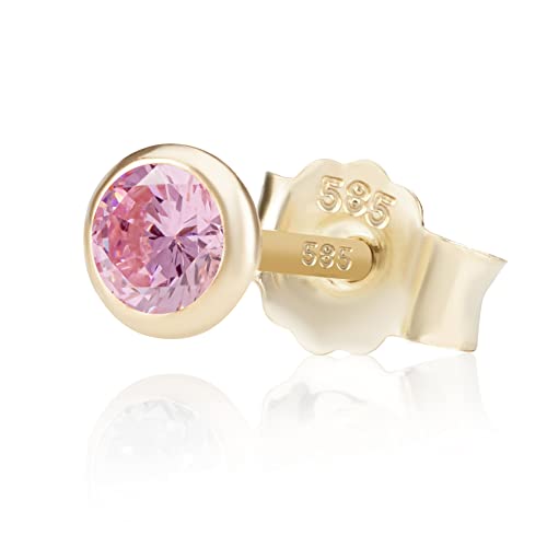 NKlaus Einzel 4,0mm 585 Gelb Gold 14 Karat Ohrstecker Kristall Zirkonia Pink Butterfly Verschluss Damen Mädchen 11033 von NKlaus