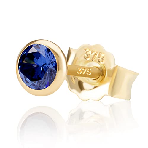 NKlaus Einzel 5,0mm 375 Gelb Gold 9 Karat Ohrstecker Kristall Zirkonia Blau Butterfly Verschluss Damen Mädchen 13063 von NKlaus