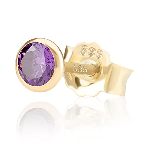 NKlaus Einzel 5,0mm 585 Gelb Gold 14 Karat Ohrstecker Kristall Zirkonia Amethyst Butterfly Verschluss Damen Mädchen 11038 von NKlaus