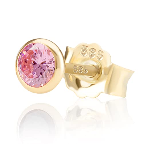 NKlaus Einzel 5,0mm 585 Gelb Gold 14 Karat Ohrstecker Kristall Zirkonia Pink Butterfly Verschluss Damen Mädchen 11043 von NKlaus