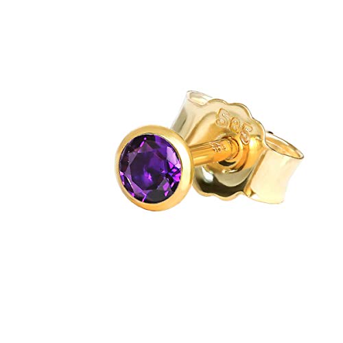 NKlaus Einzel Ohrstecker echt Amethyst Gelbgold 585 14 Karat Gold 3mm kleine Ohrring 7928 von NKlaus