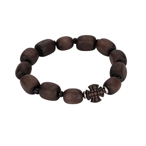 NKlaus Holzarmband mit Kreuz – 12-gliedriges Gebetsarmband aus dunklem Holz, elastisch, spiritueller Schmuck für Damen & Herren 16491 von NKlaus