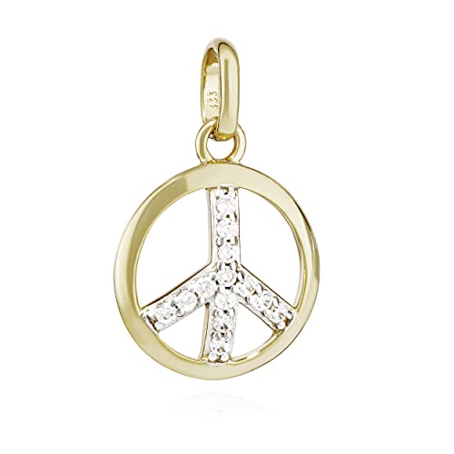 NKlaus Kettenanhänger Peace Symbol 333 Gelb Gold 8 Kt 11mm Zirkonia weiß Damen Amulett 13265 von NKlaus