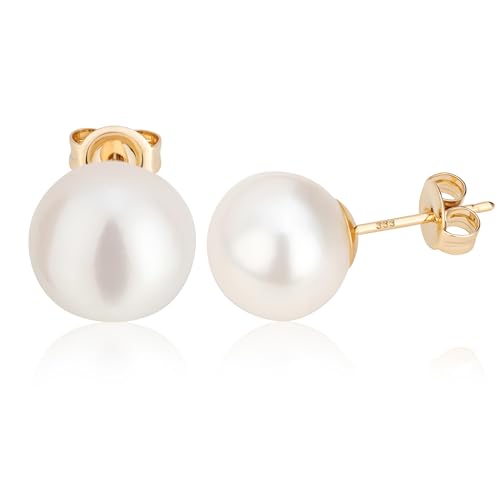 NKlaus Paar 10,5mm echte Süßwasserperle Ohrstecker 333 Gelbgold 8 Karat Perlenohrringe 2150 von NKlaus