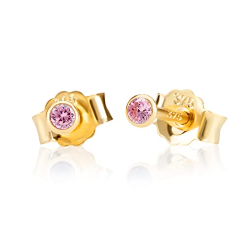 NKlaus Paar 2,0mm 375 Gelb Gold 9 Karat Ohrstecker Kristall Zirkonia Pink Butterfly Verschluss Damen Mädchen 13105 von NKlaus