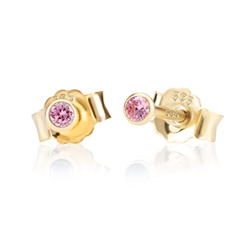 NKlaus Paar 2,0mm 585 Gelb Gold 14 Karat Ohrstecker Kristall Zirkonia Pink Butterfly Verschluss Damen Mädchen 10993 von NKlaus